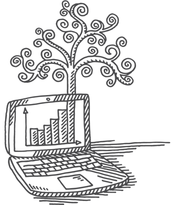 Drawing of a tree sprouting up from a laptop computer