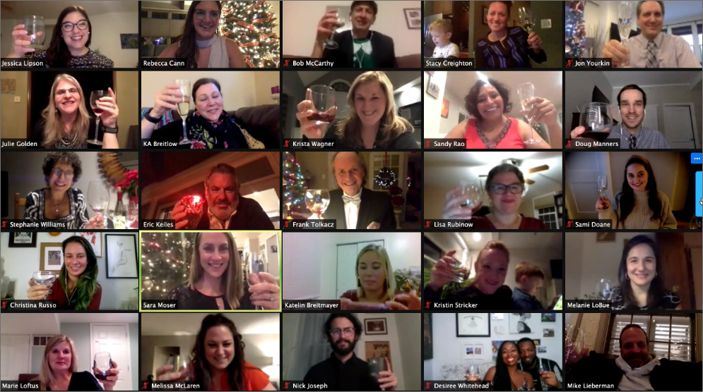 Square 2 team members toasting remotely on Zoom