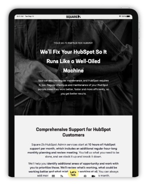 Square 2 HubSpot Services page viewed on a tablet