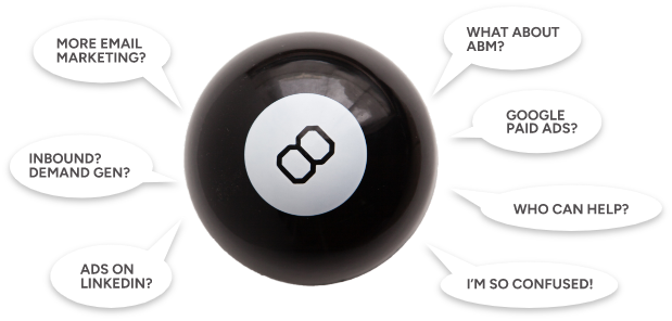 Magic 8 ball with questions people ask about marketing tactics