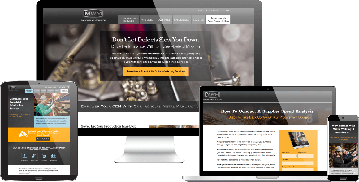Miller Welding website pages as seen on computer, laptop and smartphone screens