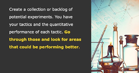 Create a collection or backlog of potential experiments. You have your tactics and the quantitative performance of each tactic. Go through those and look for areas that could be performing better.